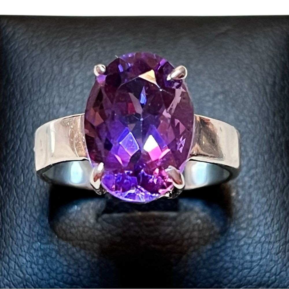 Elegant Large Dark Amethyst Solitaire 925 Sterling Silver Ring Size 7.75